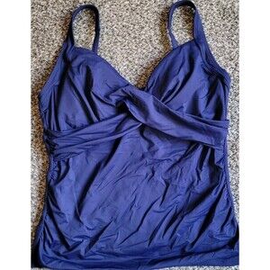 Swim Top Navy 14P Lands' End Solid Wrap Front Tankini Petite Tummy Control S867